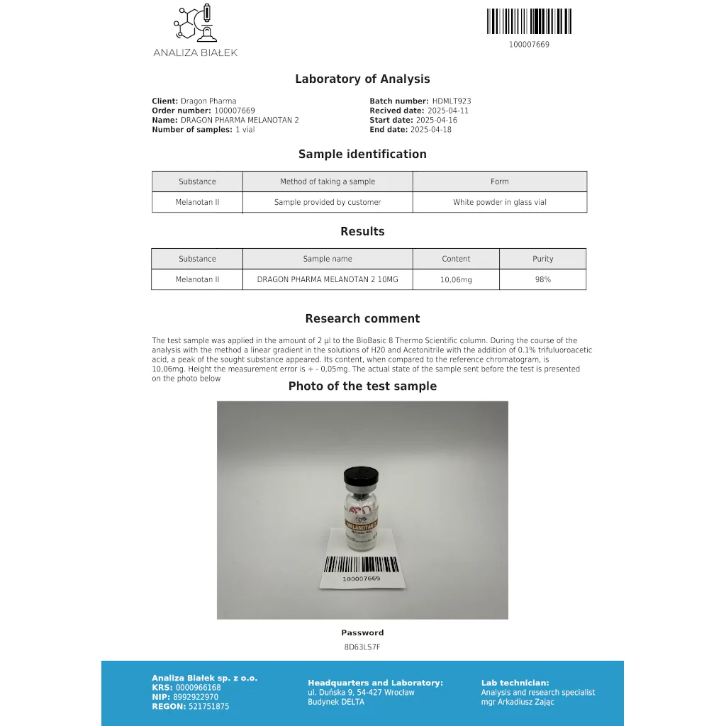 Melanotan 2 10 mg by Dragon Pharma, Europe